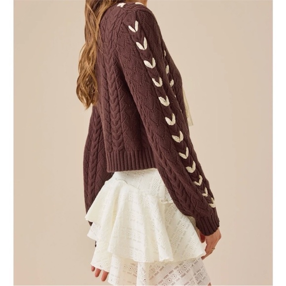 Altard State V-Neck Cable Knit Cropped Sweater Cardigan in Chocolate Brown - Picture 2 of 6